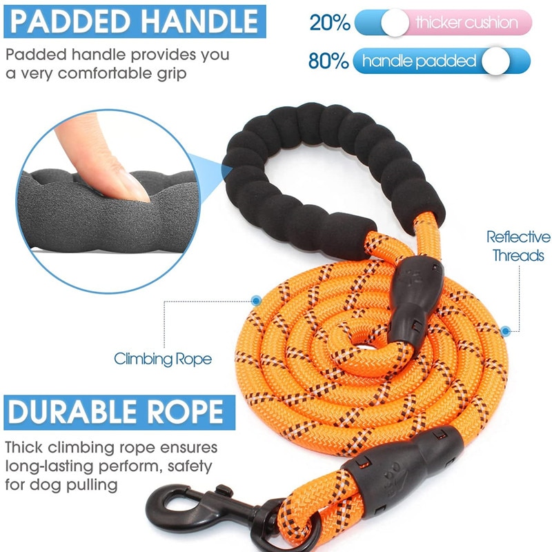 200cm Strong Dog Leash with Comfortable Padded Handle Highly Reflective Threads Dog Leashes for Medium and Large Dogs Drag Pull