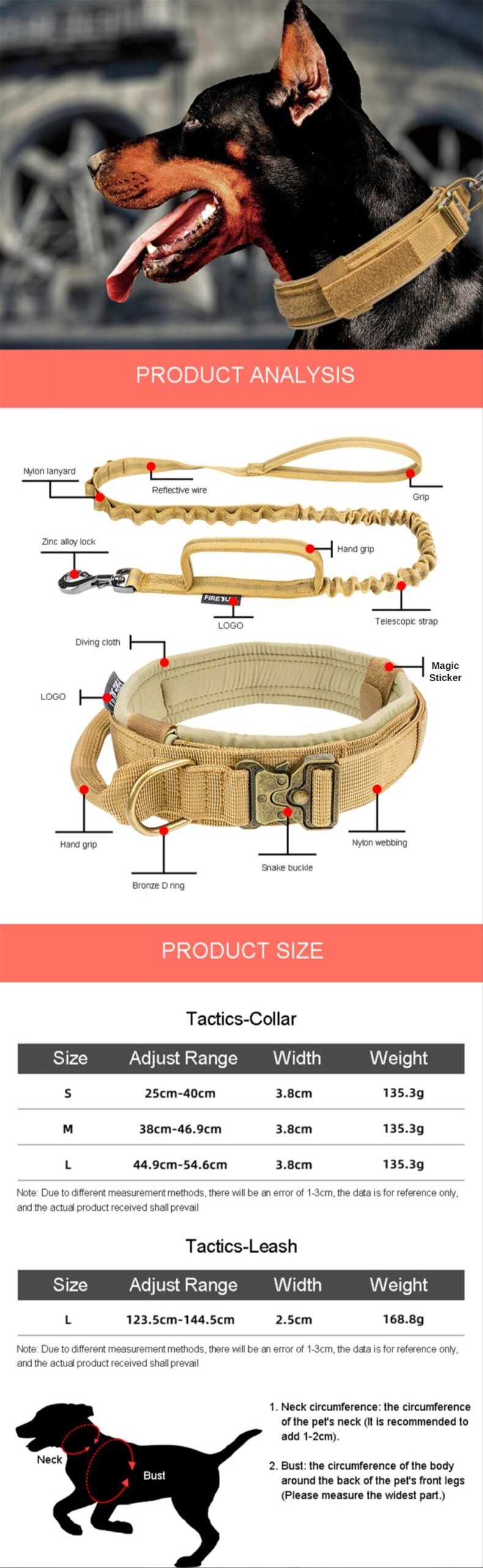 Dog Collar Leash Set Big Adjustable Fashion Tactical Military Pet Training Collar Running Leash for Medium Large Dog Accessories