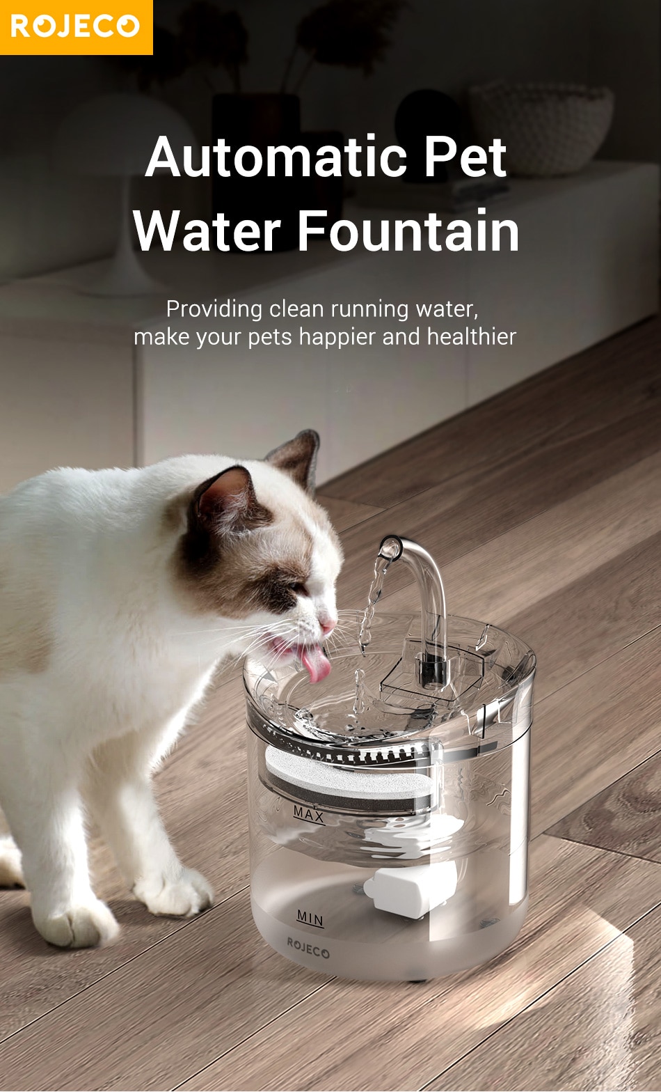 ROJECO Cat Water Fountain Automatic Pet Water Dispenser Pet Smart Drinker For Cats Auto Sensor Cat Drinking Fountain Accessories