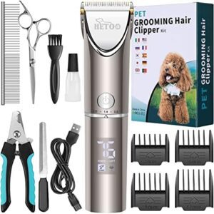 HETOO Professional Dog Grooming Kit for Dogs, Cats, Pets, Noiseless Powerful Rechargeable Cordless for Thick to Heavy Fur