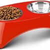 Flexzion Pet Feeder Bowls Double Stainless Steel (Set of 2) - Removable Raised Feeding Station Tray Dog Cat Puppies Animal Food Water Holder Container Dish Table Dinner Set with Elevated Stand (Red)