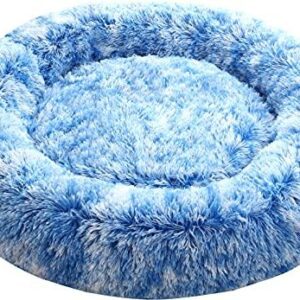Comlax Soothing Doughnut Dog Beds XXXL, Round Cushion with Removable Washable Cover, Anti-Anxiety Faux Fur Cuddly Toy, Fluffy, Comfortable, Furry Pet Bed (115 cm, Blue)