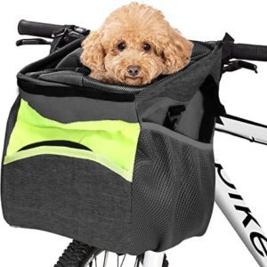 PETCUTE Dog Bike Basket Carrier,Multi-purpose Pet Bicycle Front Carrier Backpack for Bike,Foldable,Removable,Pet Bicycle Carrier with Side Storage Pockets,Shoulder Strap,Pet Travel Bag for Small Dogs