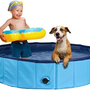 Sturdy Dog Pool | Paddling Pool for Dogs | Foldable Pool with Drain Valve | Non-Slip Bath | Ball Pool for Children | Balls Bath Brush & Repair Kit - Dog Pool 80 x 30 (Blue)