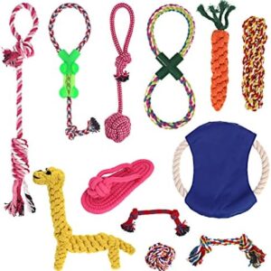 DBOO Pack of 12 Rope Chew Toys for Dogs - Strong Rope, Ball & Tug for Teething, Stimulation & Training 100% Natural Cotton Accessories for Small, Medium & Large Puppies & Adults(Random color)