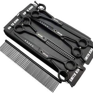 7.0 Inch Professional Dog Grooming Scissors Set Straight & Thinning & Curved & Chunker & Comb 5 Pieces in 1 Set for Left-Handers & Right-Handed Users Black