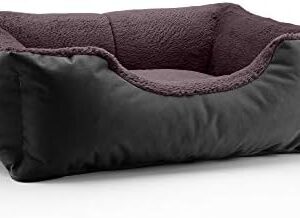 BedDog® Teddy Dog Bed Cordura and Microfibre Velour Washable Dog Bed with Border Square Dog Cushion for Indoor Outdoor Use Size M Black Brown