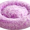 Comlax Soothing Doughnut Dog Beds XXXL, Round Cushion with Removable Washable Cover, Anti-Anxiety Faux Fur Cuddly Toy, Fluffy, Comfortable, Furry Pet Bed (120 cm, Purple)