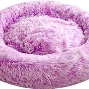 Comlax Soothing Doughnut Dog Beds XXXL, Round Cushion with Removable Washable Cover, Anti-Anxiety Faux Fur Cuddly Toy, Fluffy, Comfortable, Furry Pet Bed (120 cm, Purple)