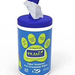 DR.EASY 125Ct Plant Based Odor Remover Pet Grooming Wipes for Easy Use on Paws, Body and Bum, Remove Dirt,Dander and Excess Hair with Soft and Thick Wipes,No Artificial Fragrance Plant Based Formula