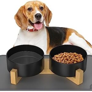 Double 850 ml Dog Bowl Ceramic Feeding Bowl Dog Raised Feeding Bowl with Bamboo Stand and Non-Slip Mat for Medium and Large Dogs Food and Water Bowl (Black)