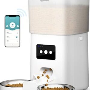 DownyPaws Automatic Feeder for Two Cats, 6L WiFi Pet Dry Food Dispenser with Two Stainless Steel Bowls, App Control, 10s Meal Call, 1-15 Meals per Day for Cats and Dogs