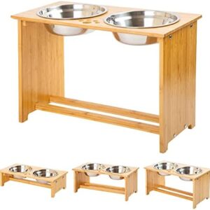 FOREYY Raised Dog Bowls for Cats and Dogs - Bamboo Elevated Dog Cat Food and Water Bowls Stands Feeder Dishes with 2 Stainless Steel Bowls and Anti Slip Feet (XL - 38 cm high)