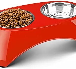 Flexzion Pet Feeder Bowls Double Stainless Steel (Set of 2) - Removable Raised Feeding Station Tray Dog Cat Puppies Animal Food Water Holder Container Dish Table Dinner Set with Elevated Stand (Red)
