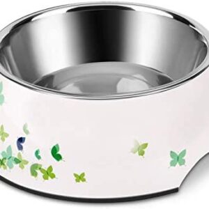Flexzion Stainless Steel Dog Bowl Cat Dish - Anti-Slip Slip Resistant Rubber Base Pet Feeder, Dishwasher Safe & Rust Resistant with Removable Food Water Holder 24 Fl Oz (Green Butterflies)