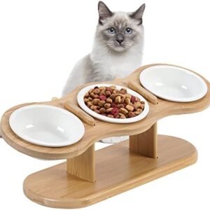 GHIAKQYT Raised Cat Feeding Station with 3 Ceramic Bowls - Feeding Bowl with Wooden Stand, Ergonomic Cat Bowl Raised Set of 3 - Dry Food, Wet Food, Water Bowl for Cats, Small Dogs