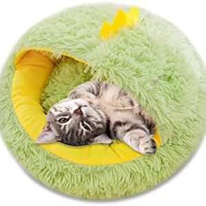 Galatée Pet Cave Bed, Cat Nest with Removable Washable Inner Cushion, Soft Plush Doughnut Bed Cuddly Toy, Soft Fluffy Washable Kitten Bed (M, Green Dinosaur)