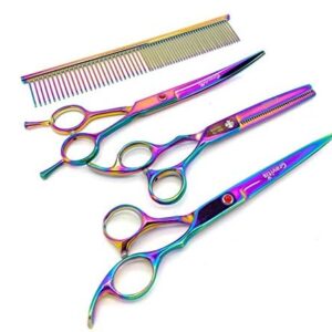 Gravitis Pet Supplies Professional Dog Grooming Scissors Four Piece Set with Case - 4 Pack: Curved Dog Scissors, Thinning Shears (Blending Scissors), Straight Scissors and Comb (Metallic Rainbow)