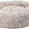 HUGO & HUDSON Calming Dog Bed, Plush Faux Fur Donut Shaped Machine Washable Pet Bed for Small, Medium & Large Dogs - Silver with Brown - 60cm Diameter