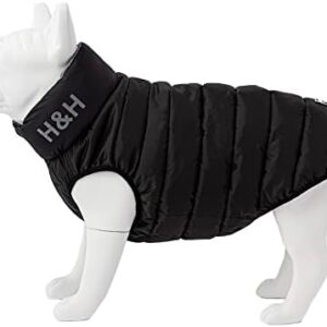 HUGO & HUDSON Dog Puffer Jacket - Clothing & Accessories for Dogs Reversible Water Resistant Dog Coat with Collar Attachment Hole - Black & Grey - S35