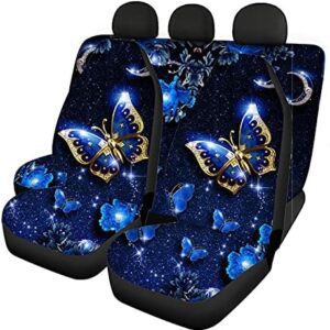 Howilath Fashion Blue Butterfly Front & Rear Seat Covers Vehicle Seat Floral Moon Pattern Protectors Cover Fits Most Cars, Sedan, SUV