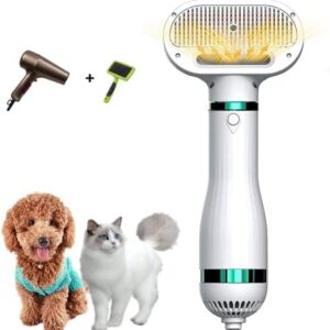 Kikuo Dog Hair Dryer, 2-in-1 Dog Hair Dryer, Pet Blower, Portable Travel Dog Grooming Hair Dryer, Adjustable Heat, Professional Pet Hair Cleaning Brush for Small and Medium Dogs & Cats