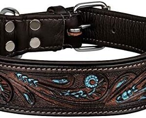 MICHUR Luis Leather Dog Collar Brown with Blue Accents Beautiful Punching Pattern in Various Sizes