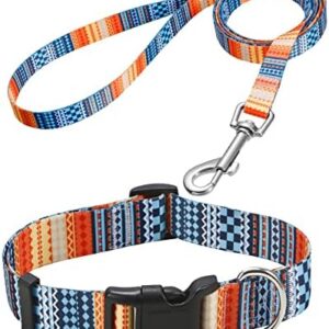Mihqy Dog Collar and Leash Set with Bohemia Floral Tribal Geometric Patterns - Soft Ethnic Style Collar Adjustable for Small Medium Large Dogs(Bohemian Orange Set,S)