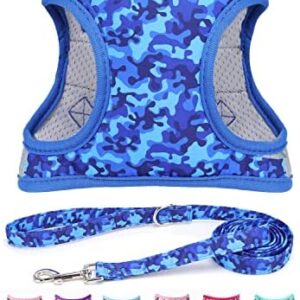 Moonpet Step in Air Boy Dog Harness Leash Set- All Weather Reflective No-Pull Padded Mesh Vest Harness for Cats Puppy Extra-Small Small Medium Large Dogs - Blue Camouflage - XS