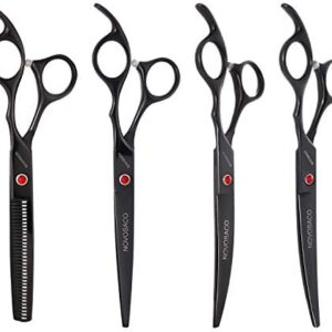 NOVOSACO 7-Inch Professional Dog Scissors Set, 4-Piece Pet Grooming Scissors, Straight, Curved, Thinning Grooming Scissors for Dogs and Cats, Rustproof (Black)