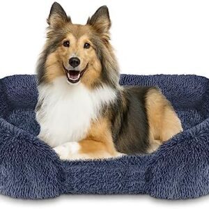 OCYEMY Orthopaedic Dog Bed, Ergonomic Dog Sofa for Small and Medium Dogs, Washable Dog Basket with High Edge, Non-Slip Base, Soft Comfortable Plush Dog Couch, 75 x 50 x 14 cm, Grey