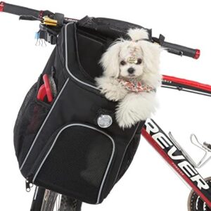 PETCUTE Dog Bike Basket,Multi-purpose Pet Bicycle Front Carrier Backpack with Reflective Tapes and Light,Foldable,Removable,Dog Backpack Carrier with Side Storage Pockets,2 Open Doors