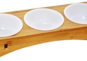 Petsoigné Cat Bowls Dog Bowl Set Ceramic with Bamboo Support for Cats and Puppies (3 Bowls, Ceramic)