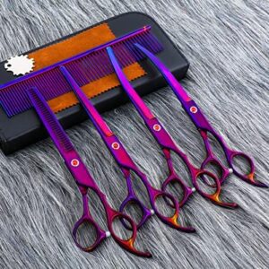Professional Dog Grooming Scissors Stainless Steel Straight Scissors Slimming Curved Dog Pet Cat Scissors Set (Purple)