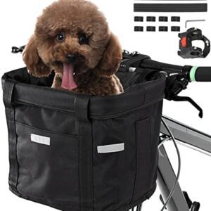 goldmiky Foldable Bicycle Basket, Front Bicycle Basket for Dog, Easy Install, Removable Bicycle Basket Bag, with Handlebar Adapter for Small Dogs, Shopping, Picnic (Black)