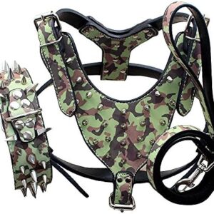 haoyueer 3 Piece Set Leather Dog Collars Harnesses and Leads Sharp Studded Dog Collars for Medium Large Dogs Bull Terrier Mastiff Boxer Bull Terrier (L, Camouflage)