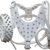 haoyueer Leather Dog Collars Harness and Leads Studded Medium Large Studded 3 Piece Set for Pit Bull Mastiff Boxer Bull Terrier (L, White)