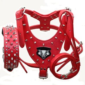haoyueer Red Leather Studded Dog Harness Collar and Lead for Pit Bull Mastiff Boxer Bull Terrier Large