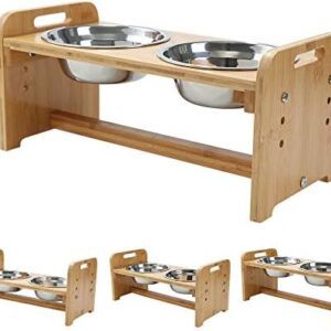 YY FOREYY Adjustable Raised Pet Stand for Cats and Dogs with 4 Bowls, Bamboo Elevated Dog Cat Food and Water Bowls Stand Feeder with 4 Stainless Steel Bowls and Anti Slip Feet(Small)