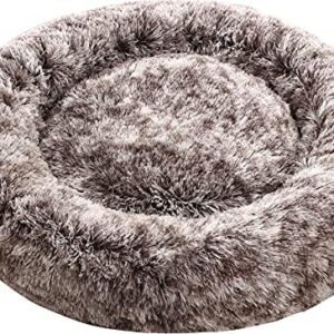 Comlax Soothing Doughnut Dog Beds, Medium, Round Cushion with Removable Washable Cover, Anti-Anxiety Faux Fur Cuddly Toy, Fluffy, Comfortable, Furry Pet Bed (60 cm, Brown)