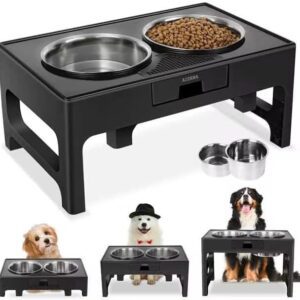 Dog Bowl Stand Dog Bowl Rack for Automatic Feeders, Height of Dog Bowls, 2 Non-Slip Stainless Steel Dog Bowls, Adjustable Feeding Bowl Stand in Three Different Sizes