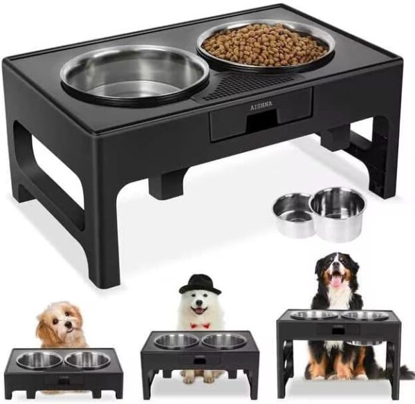 Dog Bowl Stand Dog Bowl Rack for Automatic Feeders, Height of Dog Bowls, 2 Non-Slip Stainless Steel Dog Bowls, Adjustable Feeding Bowl Stand in Three Different Sizes