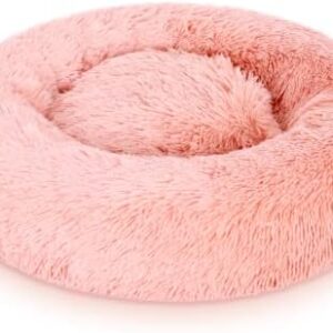 Aoresac Calming Donut Pet Bed Soft Plush Washable Round Dog Cat Bed for Cats Dogs (M(Ø 23.6" x H 7.9") for up to 22 lbs, Pink)