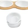 Bowl for Cats and Small Dogs, 250 ml, Food Bowl, Ceramic, with 2 + 2 Bowls, 4 Bowls, Cat Bowl Set, Wooden Bamboo