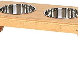 lionto Dog Bowl Height Adjustable Feeding Station Feeding Bar Raised Bowl Rack for Pets Made of Bamboo