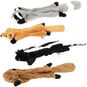 Augot Squeaky Dog Toys, 4 Pack No Stuffing Dog Toys Durable Plush Puppy Toys for Small Dogs Non-Toxic Chew Interactive Dog Toys Soft for Playing Including Skunk, Squirrel, Raccoon Skin, Fox