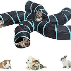 Lightweight Collapsible 5 Way Cat Tunnel with Pompom and Bells,Interactive Crinkle Pop Up Maze House Toy for Cat,Small Rabbits,Kittens,Puppy, Ferrets, Guinea Pig (5 way, S-shape Blue/Black)