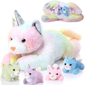 Zomiboo 5 Pieces Caticorn Plush Toy Set 1 Mommy Cat Unicorn Stuffed Animal with 4 Cute Plush Baby Kittens for Boys and Girls 16 Inch Colorful Caticorn Plush Set for Birthday Gifts Party Favors