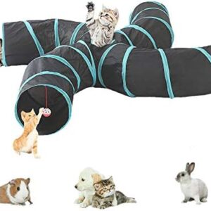 5 Way Cat Tunnel with Pom Pom and Bell, Lightweight and Foldable Interactive Pop Up Crinkle House with Maze for Cats, Small Rabbits, Kittens, Puppies, Ferrets, Guinea Pigs Toy