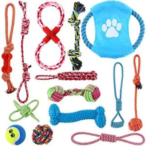 DasMorine Dog Rope Toys Puppy Chew Toys Set of 14, Dog Cotton Rope Knot Toys and Dog Ball for Small Medium Large Breeds, Nature Teething Toy for Dental Health, Stress-Free Dog Training Gifts